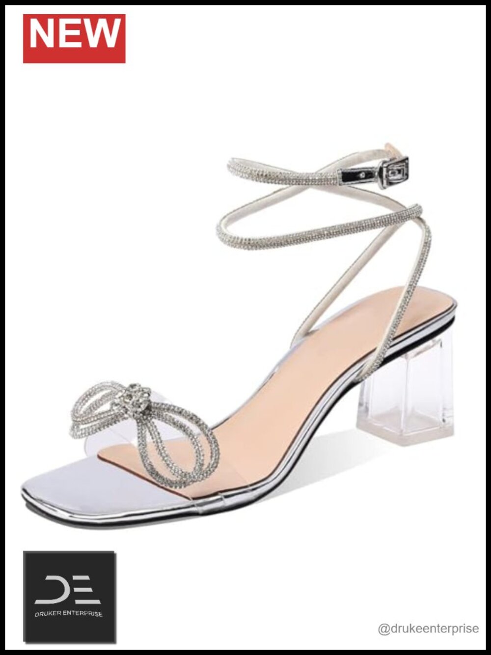 Crystal Bow Heels Rhinestone Strappy Clear Square Toe Block Heeled Sandals 2.5"